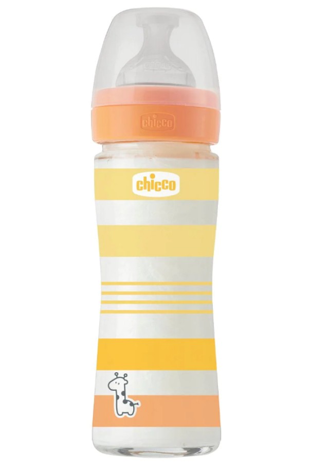 Chicco Well Being Γυάλινο Μπιμπερό Unisex για 0m+ Πορτοκαλί με Θηλή Σι …