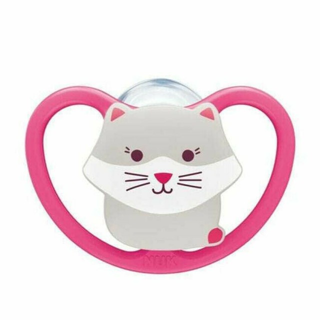 Nuk Space Πιπίλα Σιλικόνης Με Θήκη Χωρίς Κρίκο 6-18m+ Χρώμα Ροζ Γάτα 1 …