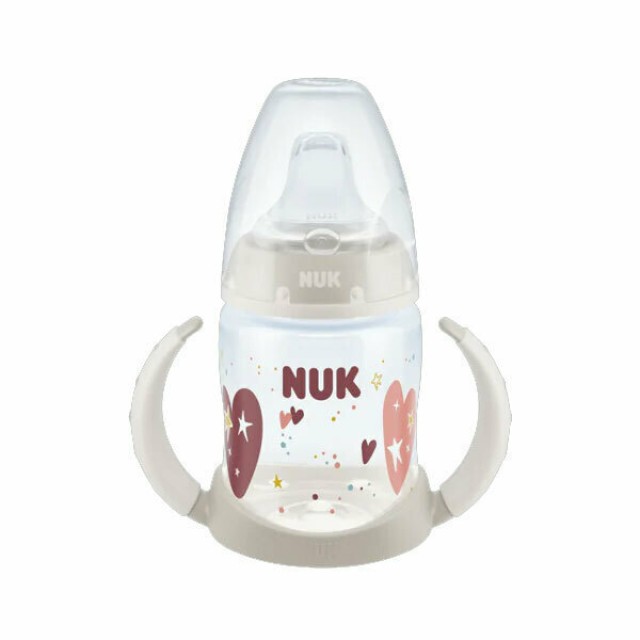 Nuk First Choice Plus Εκπαιδευτικό Μπιμπερό με Λαβές για 6-18m+ με Ρύγχος Σιλικόνης Γκρι Καρδιές 150ml