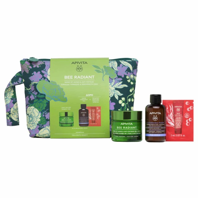 Apivita PROMO Bee Radiant Κρέμα Gel για Σημάδια Γήρανσης & Ξεκούραστη Όψη Ελαφριάς Υφής 50ml - ΔΩΡΟ Μίνι Κρεμώδης Αφρός Καθαρισμού για Πρόσωπο & Μάτια - Bee Sun Safe Ενυδατική Κρέμα Gel Προσώπου SPF50 2ml