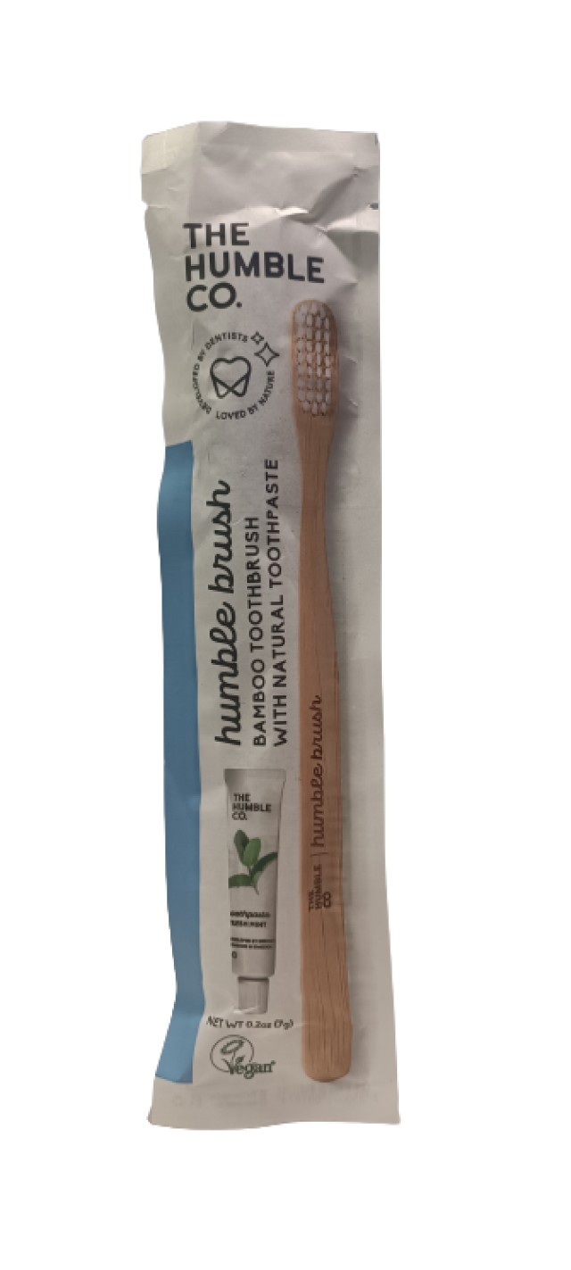 The Humble Co. Bamboo Toothbrush With Natural Toothpaste Kit Οδοντόβουρτσα Μπαμπού Λευκό & Οδοντόκρεμα με Γεύση Μέντα 7gr