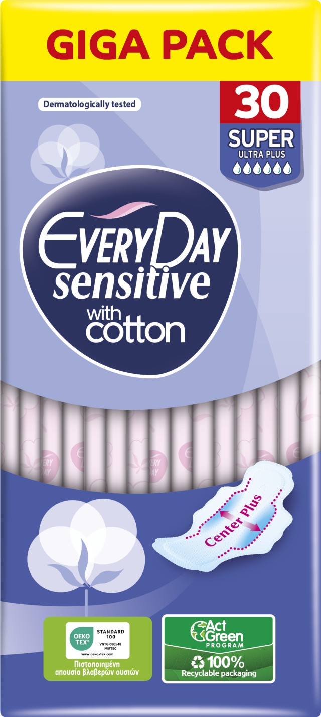EveryDay Sensitive With Cotton Super Ultra Plus Σερβιέτες με Φτερά 6 Σταγόνες Giga Pack 30 Τεμάχια
