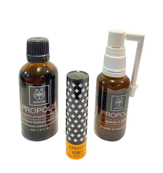 Apivita SET Propolis BIO Βιολογικό Spray για τον Ερεθισμένο Λαιμό με Πρόπολη & Αλθαία 30ml - Propolis Βιολογικό Διάλυμα Πρόπολης 50ml - Lip Care Limited Edition Stick Eco Bio Honey Βιολογικό με Μέλι 4.4gr