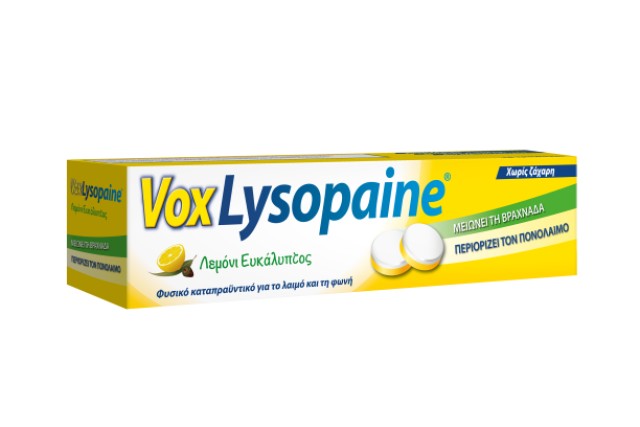 Sanofi VoxLysopaine Τροχίσκοι για Πονόλαιμο, Ξηρότητα & Βραχνάδα με Γεύση Λεμόνι - Ευκάλυπτος 18 Παστίλιες