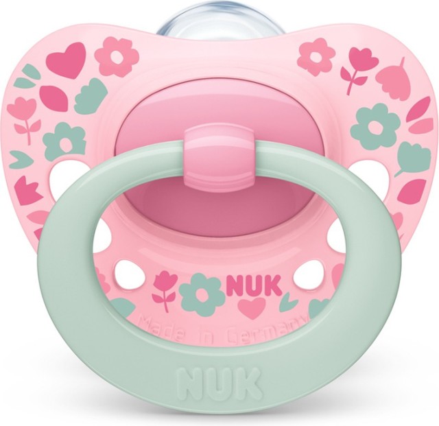 Nuk Signature Πιπίλα Σιλικόνης Ροζ με Λουλούδια 18-36m+ με Θήκη 1 Τεμά …
