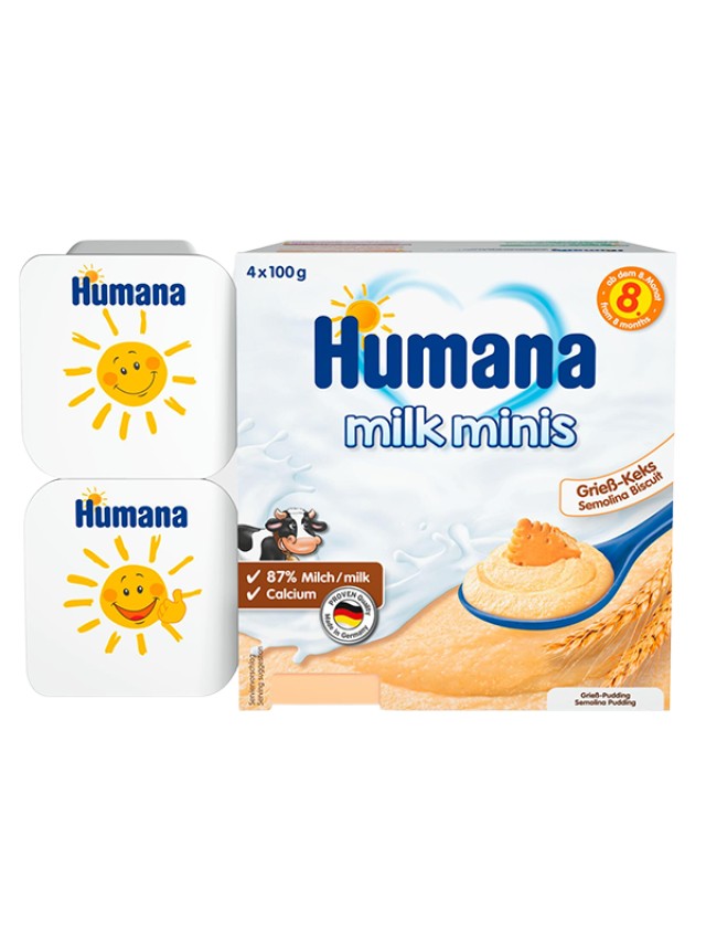 Humana Milk Minis Επιδόρπιο Γιαουρτιού με Γεύση Σιμιγδάλι - Μπισκότο για 8m+ 4x100gr