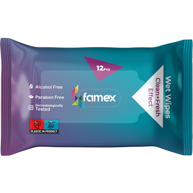 Famex Υγρά Μαντηλάκια Clean + Fresh Effect 12 Τεμάχια