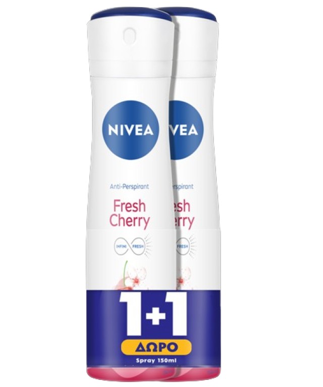 Nivea PROMO Fresh Cherry Γυναικείο Αποσμητικό Spray 48h Προστασίας Κατά του Ιδρώτα 2x150ml [1+1 ΔΩΡΟ]