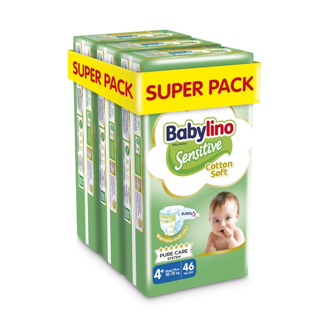 Πάνες Babylino Sensitive Cotton Soft No4+ [10-15Kg] Super Pack 138 Πάνες [3 Πακέτα x 46 Τεμάχια]