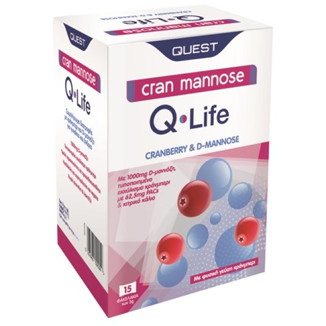 Quest Cran Mannose Q-Life Cranberry & D-Mannose, Συμπλήρωμα Διατροφής για την Καλή Λειτουργία του Ουροποιητικού 15 Φακελάκια