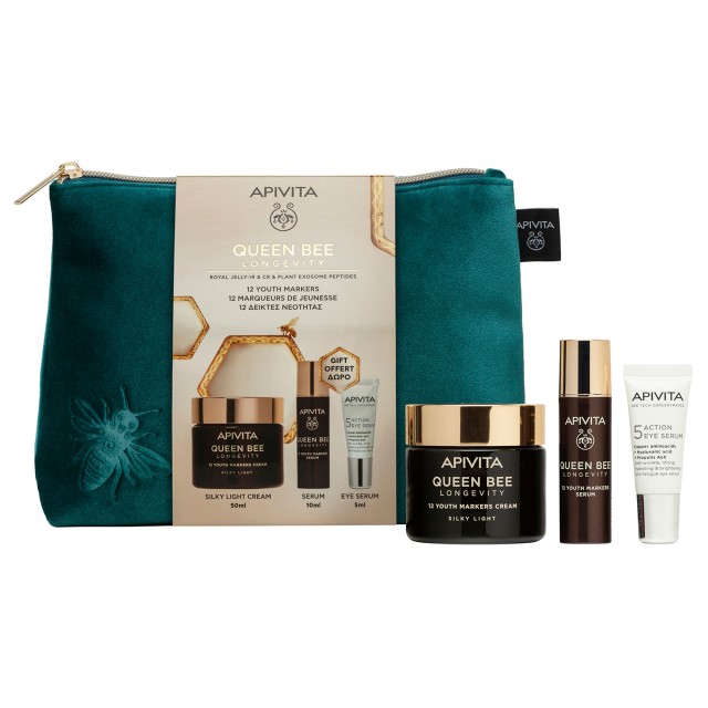 Apivita PROMO Queen Bee Longevity Ελαφριά Μεταξένια Κρέμα για Δράση σε 12 Δείκτες Νεότητας 50ml & Ορός Σμίλευσης Προσώπου 10ml & 5 Action Eye Serum Ορός Ματιών 5ml & ΔΩΡΟ Νεσεσέρ Apivita PROMO Queen Bee Longevity Ελαφριά Μεταξένια Κρέμα για Δράση …