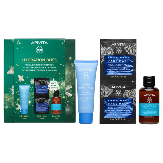 Apivita PROMO Hydration Bliss Aqua Beelicious Κρέμα Ενυδάτωσης Πλούσιας Υφής Λουλούδια & Μέλι 40ml & Express Beauty Μάσκα Προσώπου Θαλάσσια Λεβάντα 2x8ml & Hyaluronic Hydra Σαμπουάν Ενυδάτωσης 75ml Apivita PROMO Hydration Bliss Aqua Beelicious Κρέμα Ενυδάτωσης …