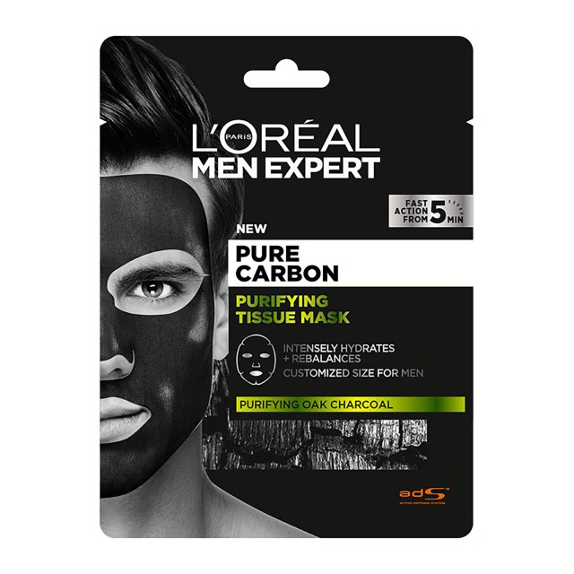 LOreal Paris Men Expert Pure Carbon Tissue Mask Υφασμάτινη Μάσκα Προσώπου Κατά των Ατελειών με Ενεργό Άνθρακα 30gr