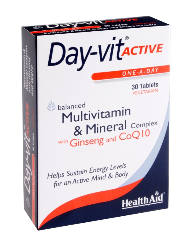 Health Aid Day-Vit ACTIVE Co-Q-10 & GINSENG Dietary Supplement with Vitamins, Minerals, Q10 & Panax Ginseng for Energy & Toning 30 Tablets
