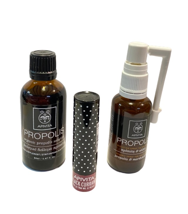 Apivita SET Propolis BIO Βιολογικό Spray για τον Ερεθισμένο Λαιμό με Πρόπολη & Αλθαία 30ml - Propolis Βιολογικό Διάλυμα Πρόπολης 50ml - Lip Care Limited Edition Stick Black Currant Ενυδατικό με Φραγκοστάφυλο 4.4gr
