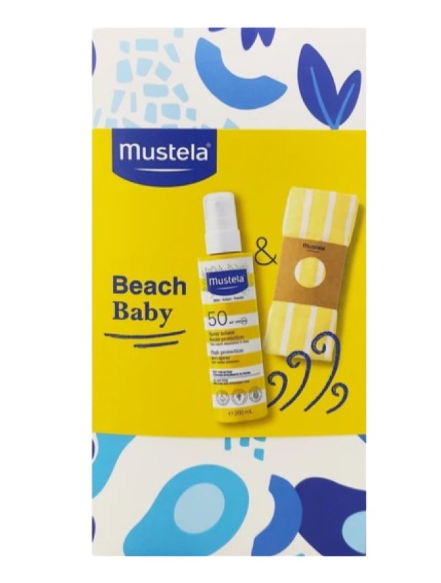 Mustela PROMO Beach Baby, High Protection Sun SPF50 Baby Children Family Αντηλιακό Spray Προσώπου & Σώματος για Όλη την Οικογένεια 200ml - Δώρο Πετσέτα Παραλίας