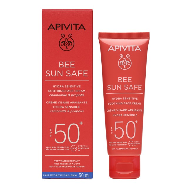 Apivita Bee Sun Safe Hydra Sensitive Face Cream SPF50+ Καταπραϋντική Αντηλιακή Κρέμα Προσώπου Ελαφριάς Υφής για Ευαίσθητες Επιδερμίδες με Χαμομήλι και Πρόπολη 50ml