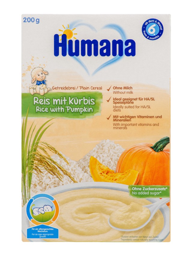 Humana Rice With Pumpkin Κρέμα με Ρυζάλευρο & Κολοκύθα Χωρίς Ζάχαρη για 6m+ 200gr