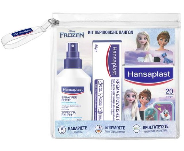 Hansaplast PROMO Kit Περιποίησης Πληγών Spray για Πληγές 100ml & Κρέμα Επούλωσης 50gr & Frozen Αυτοκόλλητα Επιθέματα 20 Τεμάχια & Νεσεσέρ Διάφανο Hansaplast PROMO Kit Περιποίησης Πληγών Spray για Πληγές 100ml & Κρέμα …