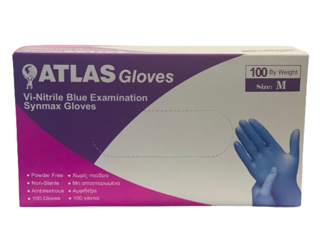 ATLAS Vi-Nitrile Blue Γάντια Νιτριλίου Μπλε Μέγεθος:Medium Χωρίς Πούδρα 100 Τεμάχια