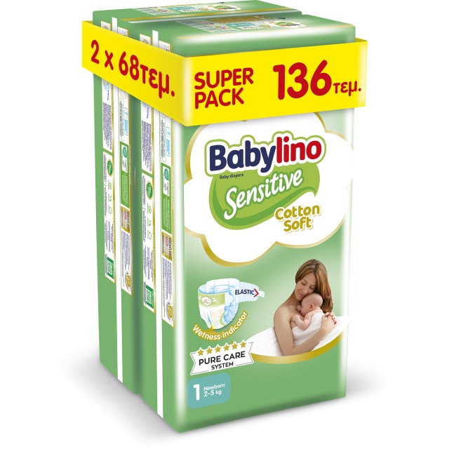 Πάνες Babylino Sensitive Cotton Soft Νο1 [2-5kg] Super Pack 136 Πάνες &hellip;