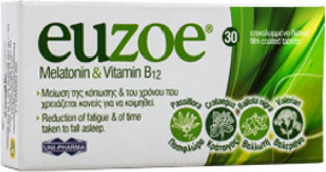 Uni-Pharma Euzoe Melatonin & Vitamin B12 Συμπλήρωμα Για Την Μείωση Της Κόπωσης 30 Ταμπλέτες