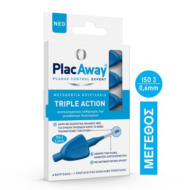 Plac Away Μεσοδόντιο Βουρτσάκι Triple Action 0.6mm, ISO 3, Μπλε, 6 Τεμάχια