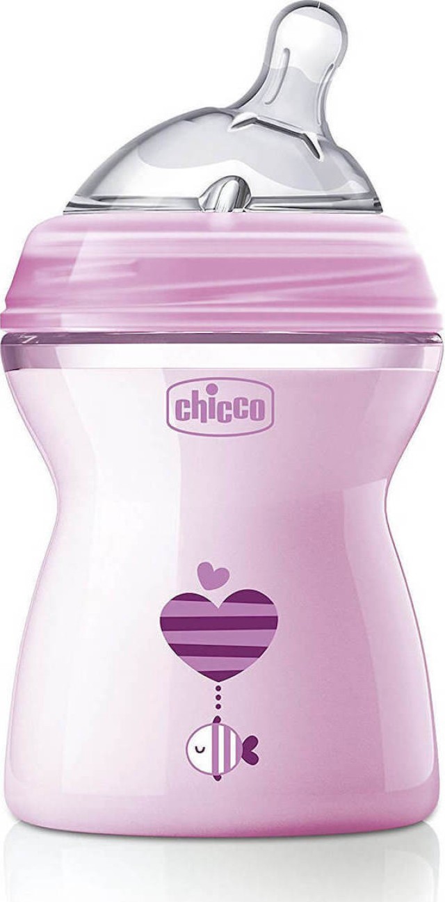 Chicco Natural Feeling Πλαστικό Μπιμπερό με Θηλή Σιλικόνης Μέτριας Ροής για 2m+ Ροζ 250ml [80825-11]