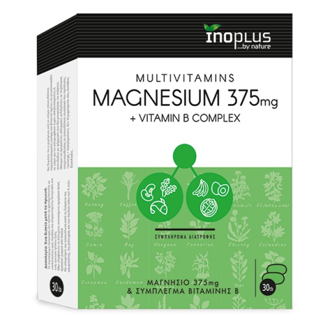 InoPlus Magnesium 375mg + Vitamin B Complex Φόρμουλα για Υγιές Μυικό & Νευρικό Σύστημα 30 Δισκία