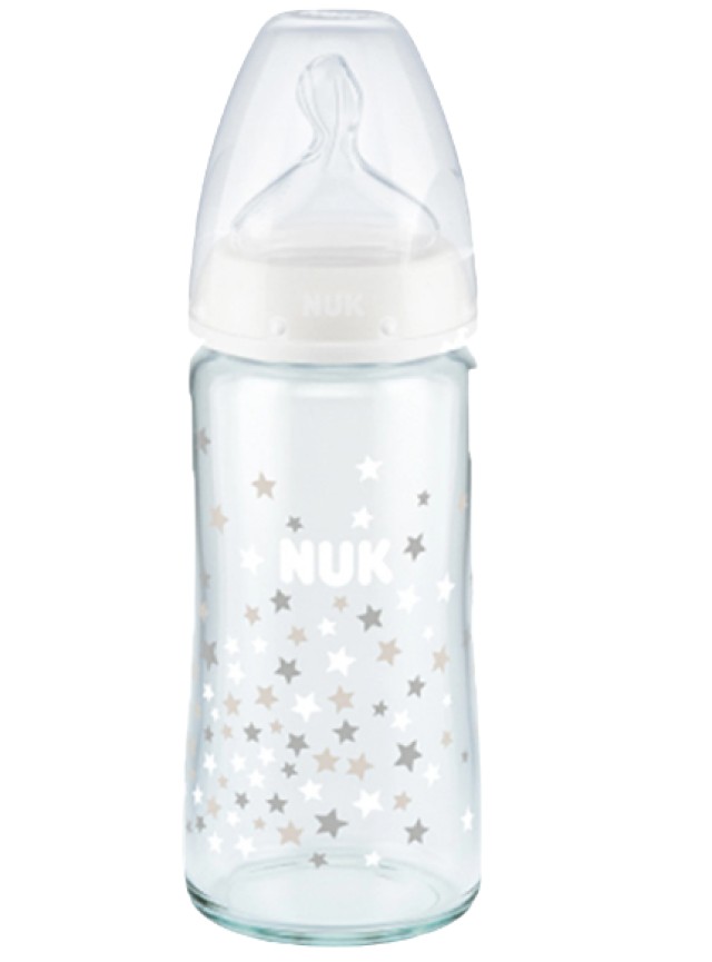 Nuk First Choice+ Γυάλινο Μπιμπερό με Θηλή Σιλικόνης 0-6m+ Χρώμα:Λευκό με Αστεράκια 240ml [10.745.124]