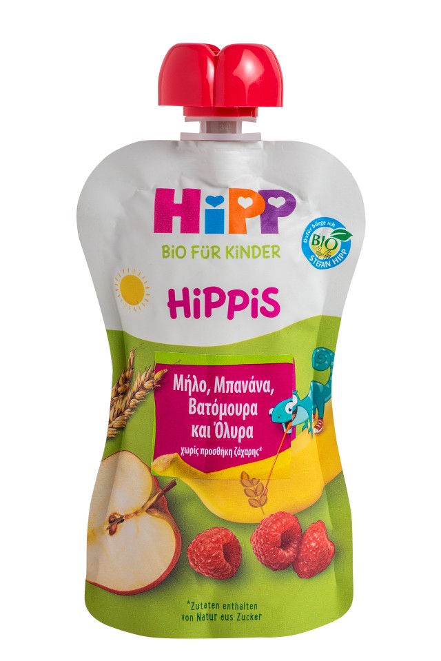 Hipp Hippis Νέος Φρουτοπολτός Μήλο, Μπανάνα, Βατόμουρα και Δημητριακά Ολικής Άλεσης 100gr