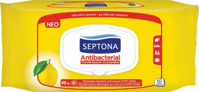 Septona Antibacterial Hand Wipes Lemon Αντιβακτηριακά Μαντηλάκια Χεριών Λεμόνι με Καπάκι 60 Τεμάχια
