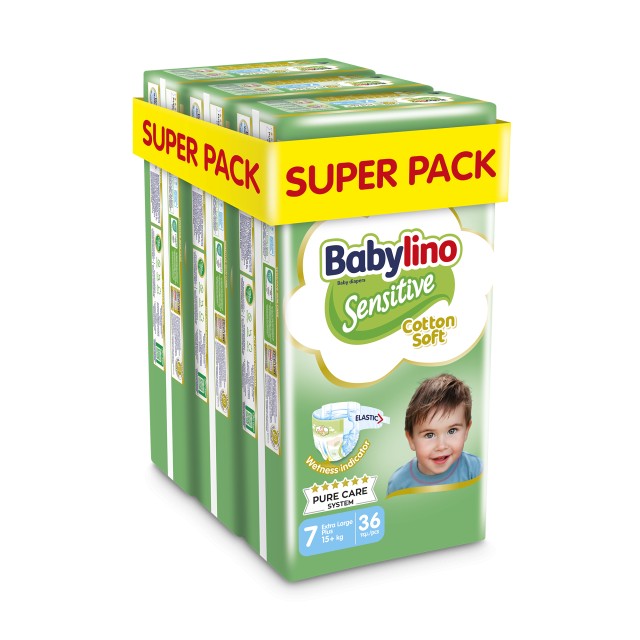Πάνες Babylino Sensitive Cotton Soft No7 [15+kg] Super Pack 108 Πάνες [3 Πακέτα x 36 Τεμάχια]