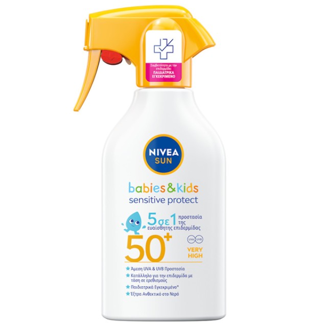 Nivea Sun Babies & Kids Sensitive Protect 5 σε 1 SPF50+ Trigger Spray Βρεφικό - Παιδικό Αντηλιακό Γαλάκτωμα Προσώπου - Σώματος για Ευαίσθητες Επιδερμίδες 270ml