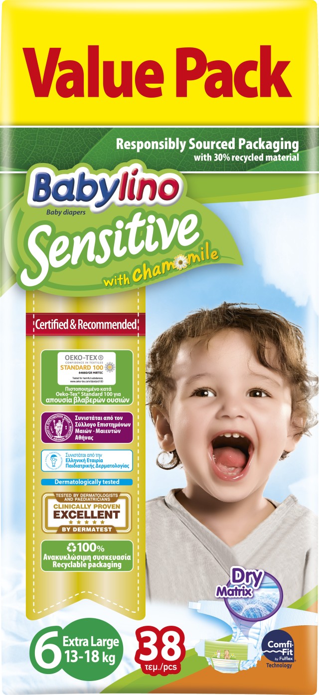 Πάνες Babylino Sensitive No6 [13-18kg] Monthly Pack 190 Τεμάχια [5x38 Πάνες]