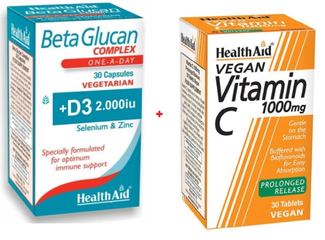 Health Aid Combo SET Beta Glucan COMPLEX Συμπλήρωμα Διατροφής για Ενίσχυση του Ανοσοποιητικού & της Καρδιάς 30 Φυτικές Κάψουλες - Vitamin C 1000mg Βραδείας Αποδέσμευσης με Αντιοξειδωτική Δράση 30 Ταμπλέτες